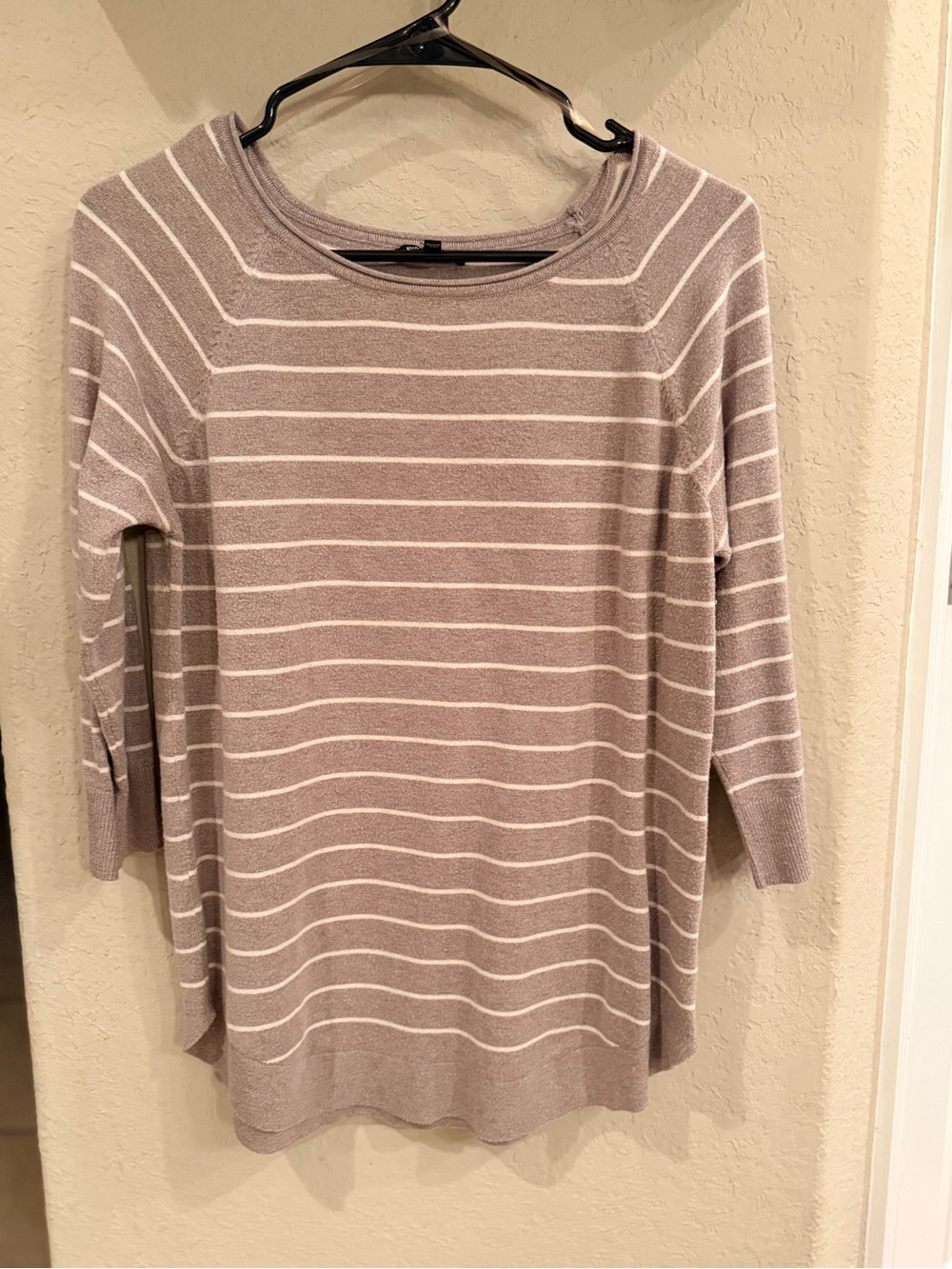 Pink Clover Taupe & White Striped Boatneck Top